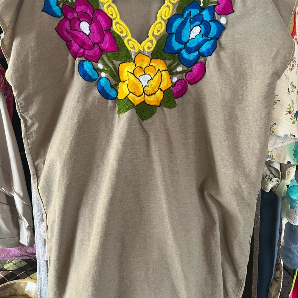 Embroidered V-Neck Floral Tunic Top - Beige with Multicolor Flowers